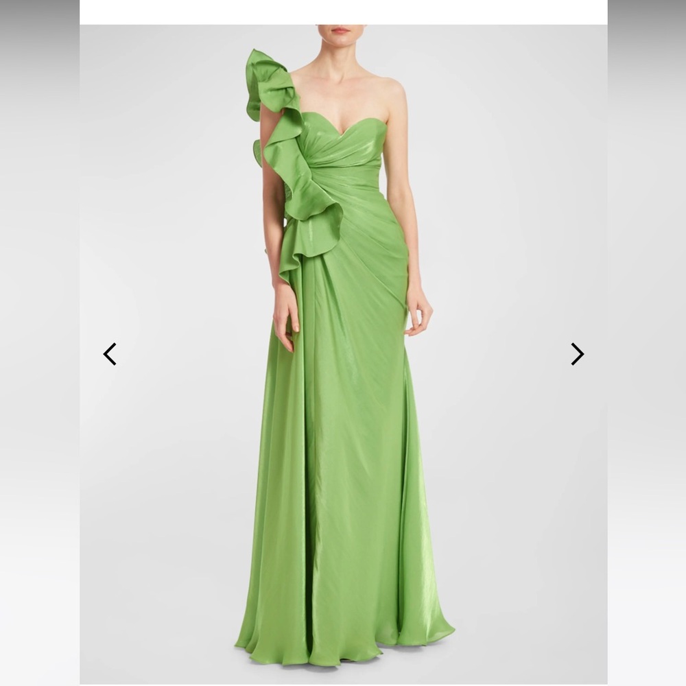 Badgley Mishka one-shoulder pleated leaf gown